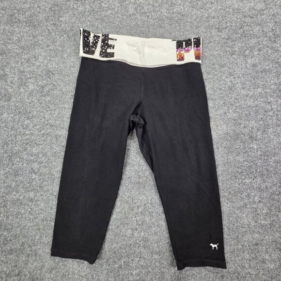 Victoria Secret PINK LOVE Black Yoga Cropped Fold Over Pants Sequins Large Y2k - Picture 1 of 12